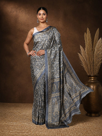 Grey & Gold Paisley Kashmiri Silk Printed Saree | Manzil