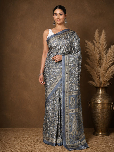 Indiehaat | Kashmiri Silk Printed Saree Slate Grey & Char