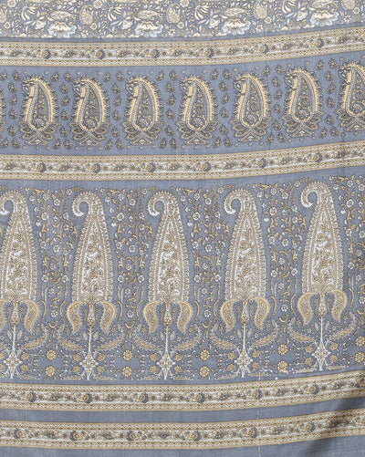 Indiehaat | Kashmiri Silk Printed Saree Slate Grey & Char