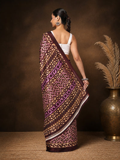 Indiehaat | Kashmiri Silk Printed Saree Dark Brown & Tan