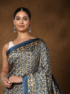Indiehaat | Kashmiri Silk Printed Saree Dark Blue & Tan