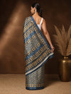 Indiehaat | Kashmiri Silk Printed Saree Dark Blue & Tan