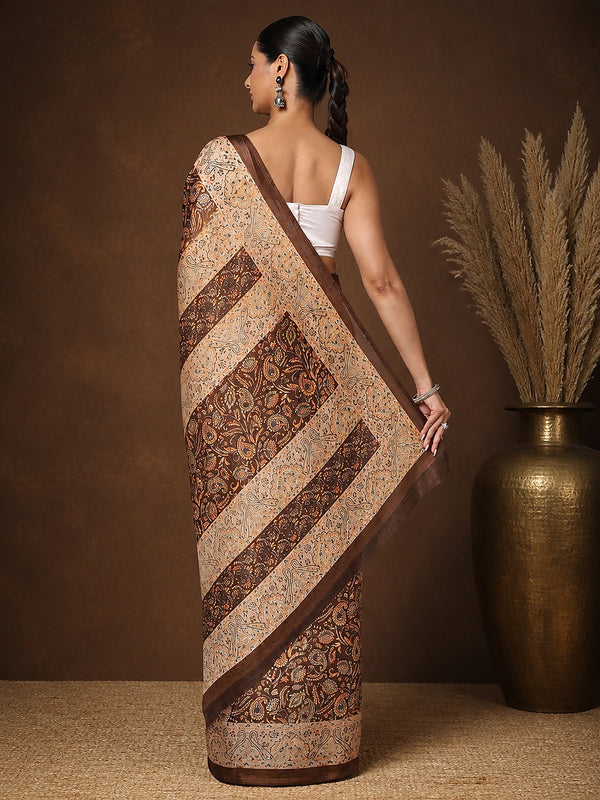 Indiehaat | Kashmiri Silk Printed Saree Dark Brown & Ligh