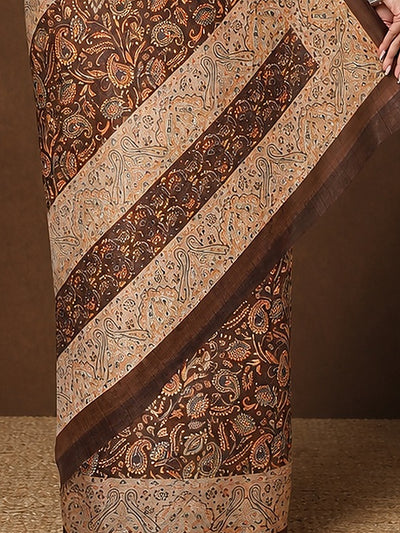 Indiehaat | Kashmiri Silk Printed Saree Dark Brown & Ligh