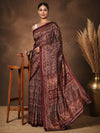 Indiehaat | Kashmiri Silk Printed Saree Dark Maroon & Brown