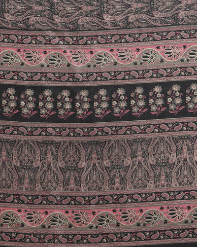 Indiehaat | Kashmiri Silk Printed Saree Black & Charcoal 
