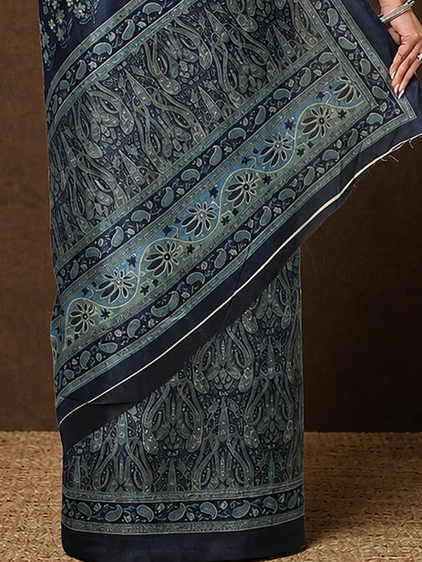 Indiehaat | Kashmiri Silk Printed Saree Dark Blue & Slate