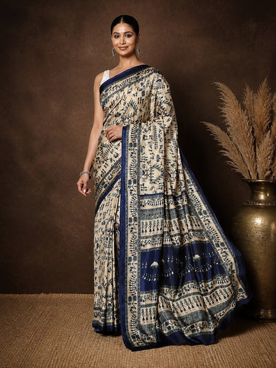 Beige & Navy Warli Printed Kashmiri Silk Saree | Manzar