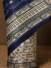 Indiehaat | Kashmiri Silk Printed Saree Beige & Navy Blue