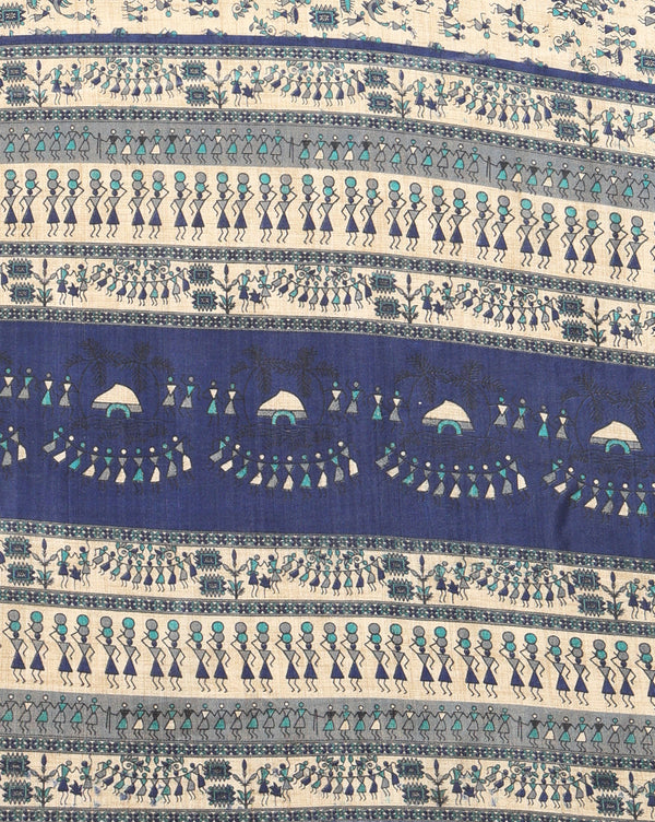 Indiehaat | Kashmiri Silk Printed Saree Beige & Navy Blue