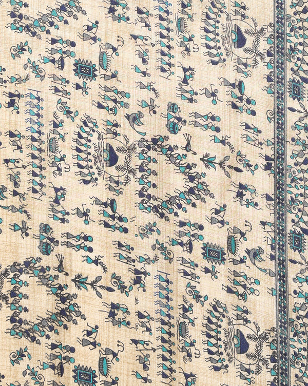 Indiehaat | Kashmiri Silk Printed Saree Beige & Navy Blue