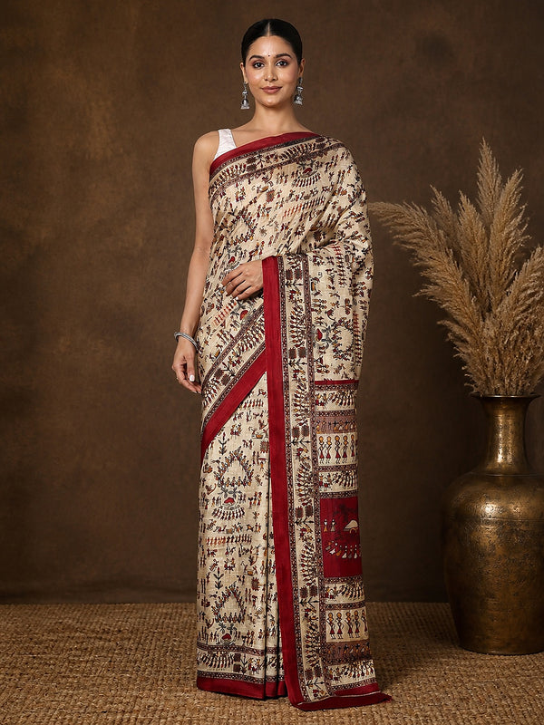 Indiehaat | Kashmiri Silk Printed Saree Beige & Maroon