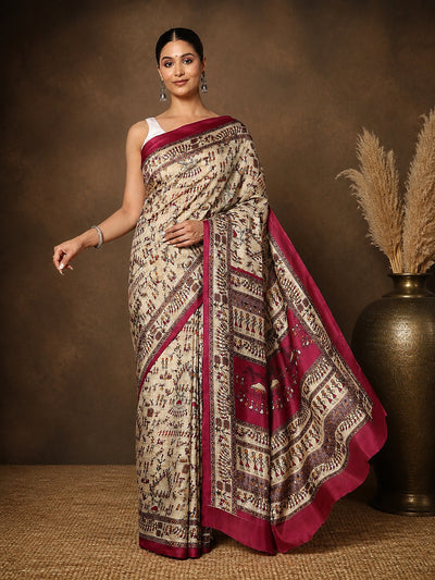 Beige & Magenta Warli Printed Kashmiri Silk Saree | Manzar