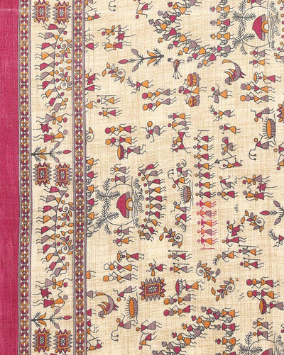 Indiehaat | Kashmiri Silk Printed Saree Beige & Magenta
