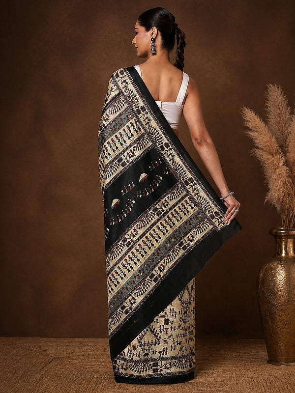 Indiehaat | Kashmiri Silk Printed Saree Beige & Black
