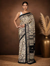 Indiehaat | Kashmiri Silk Printed Saree Beige & Black