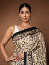 Indiehaat | Kashmiri Silk Printed Saree Beige & Black