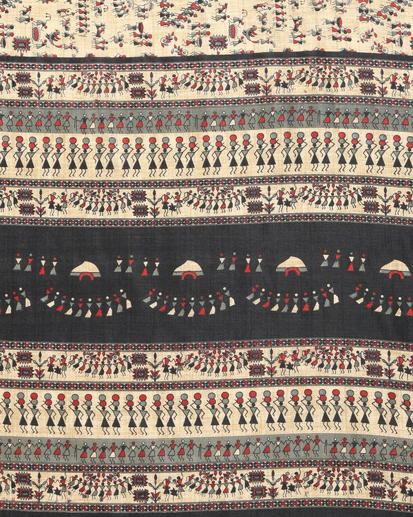 Indiehaat | Kashmiri Silk Printed Saree Beige & Black