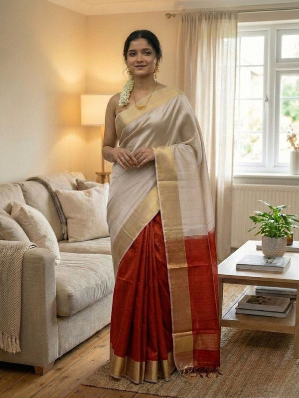 Indiehaat | Kota Silk Hand Dyed Saree Beige & Red