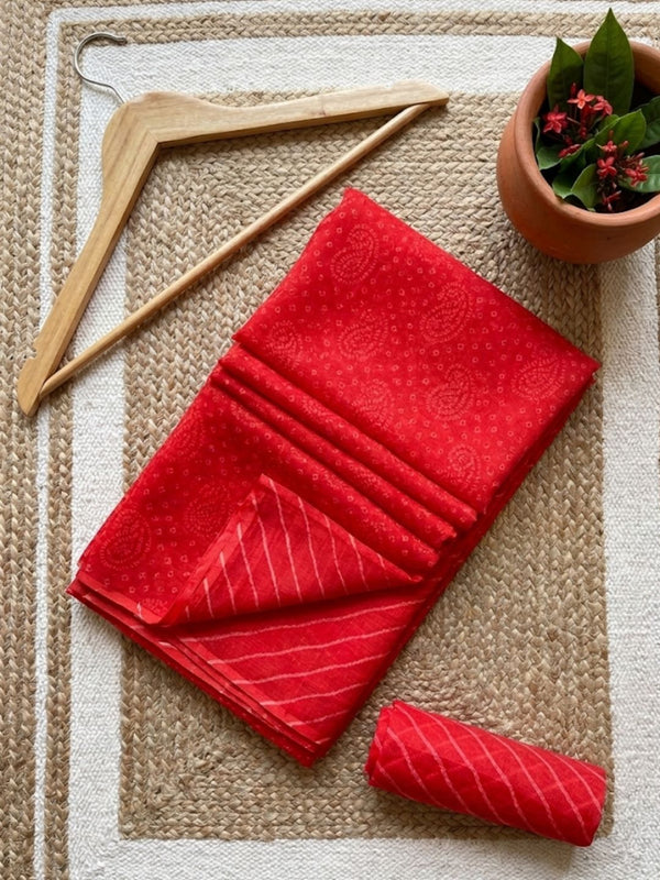 Indiehaat | Kota Doria Lehariya Bandhej Saree Red