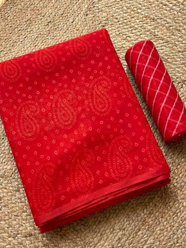 Indiehaat | Kota Doria Lehariya Bandhej Saree Red