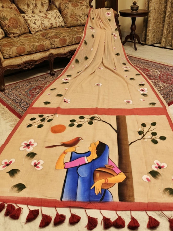 Indiehaat | Pure Mul Cotton HandPainted Saree Beige