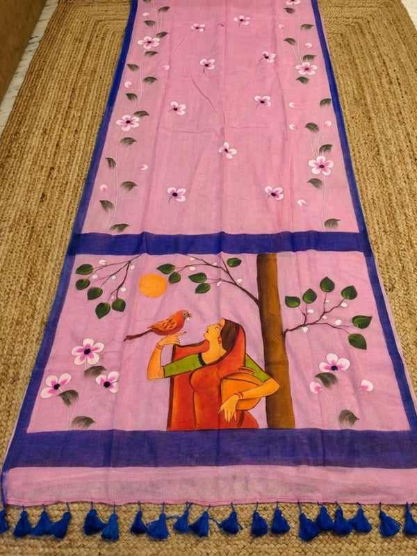 Indiehaat | Pure Mul Cotton HandPainted Saree Pink