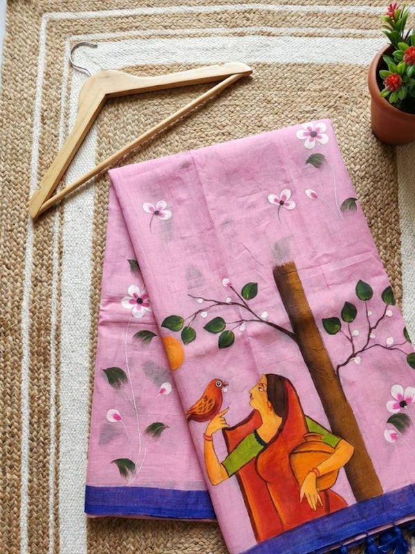 Indiehaat | Pure Mul Cotton HandPainted Saree Pink