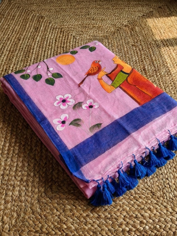 Indiehaat | Pure Mul Cotton HandPainted Saree Pink