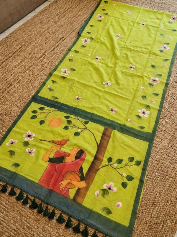 Indiehaat | Pure Mul Cotton HandPainted Saree Green