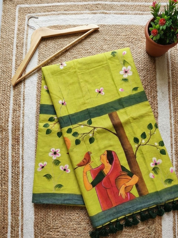 Indiehaat | Pure Mul Cotton HandPainted Saree Green