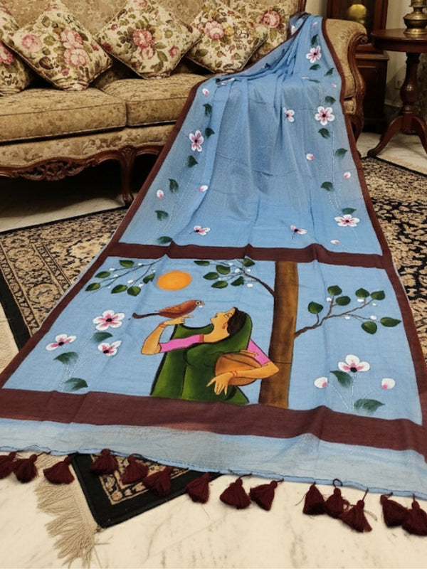 Indiehaat | Pure Mul Cotton HandPainted Saree Blue