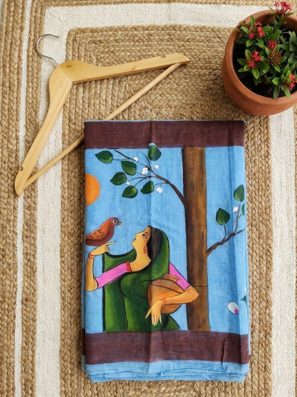 Indiehaat | Pure Mul Cotton HandPainted Saree Blue