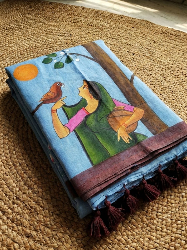 Indiehaat | Pure Mul Cotton HandPainted Saree Blue