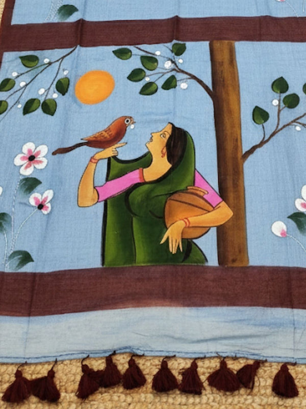 Indiehaat | Pure Mul Cotton HandPainted Saree Blue