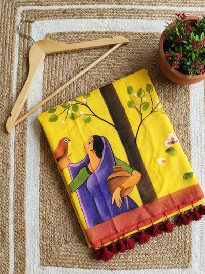 Indiehaat | Pure Mul Cotton HandPainted Saree Yellow
