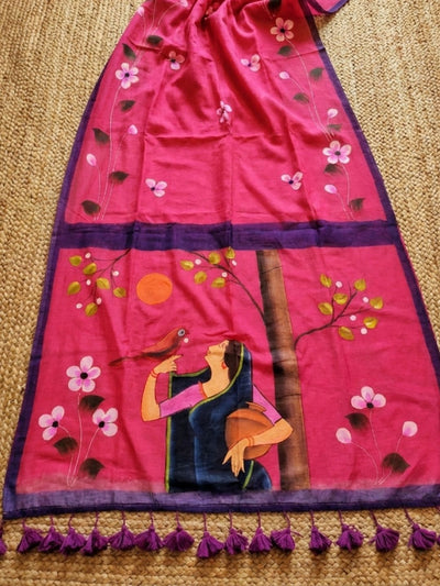 Indiehaat | Pure Mul Cotton HandPainted Saree Pink