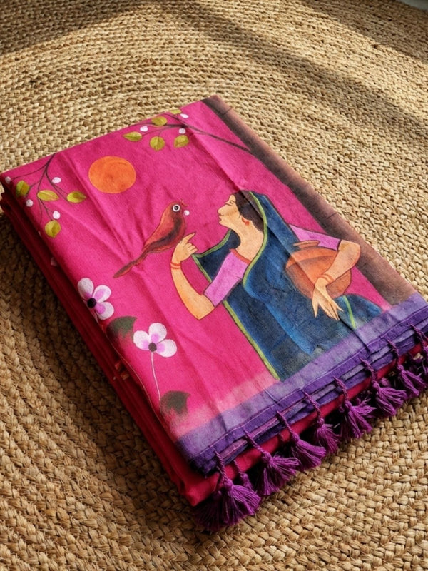 Indiehaat | Pure Mul Cotton HandPainted Saree Pink