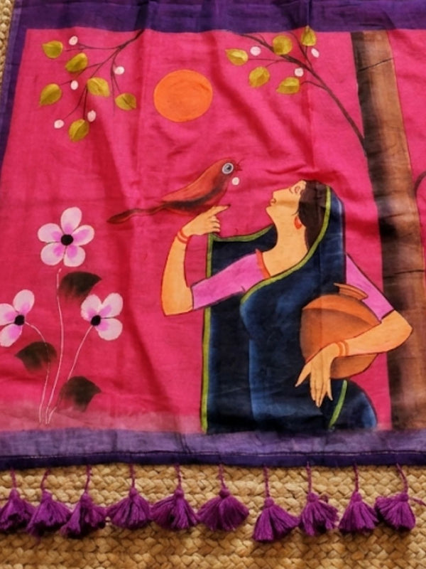 Indiehaat | Pure Mul Cotton HandPainted Saree Pink