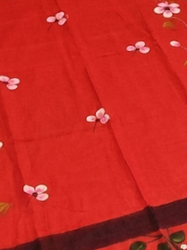 Indiehaat | Pure Mul Cotton HandPainted Saree Red