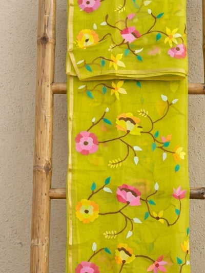 Indiehaat | Muslin Jamdani Silk Saree Handloom Green