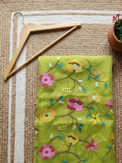 Indiehaat | Muslin Jamdani Silk Saree Handloom Green