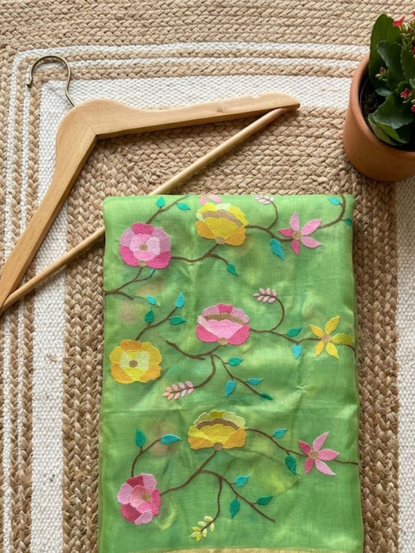 Indiehaat | Muslin Jamdani Silk Saree Handloom Green