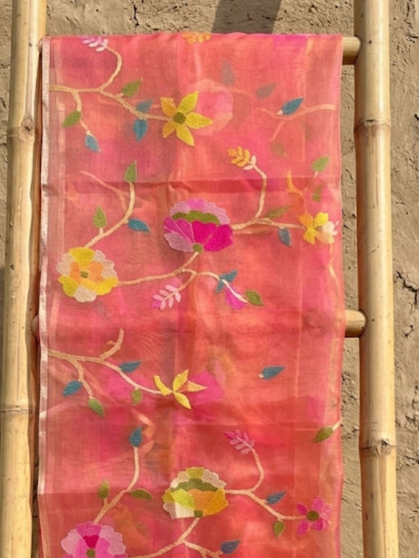 Indiehaat | Muslin Jamdani Silk Saree Handloom Pink