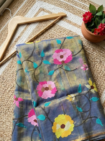 Indiehaat | Muslin Jamdani Silk Saree Handloom Blue