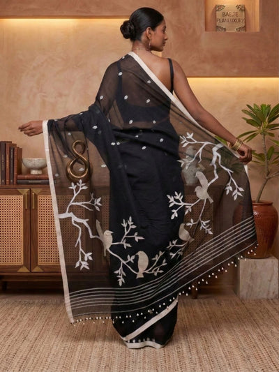 Indiehaat | Pure Mul Cotton Handloom Saree Black