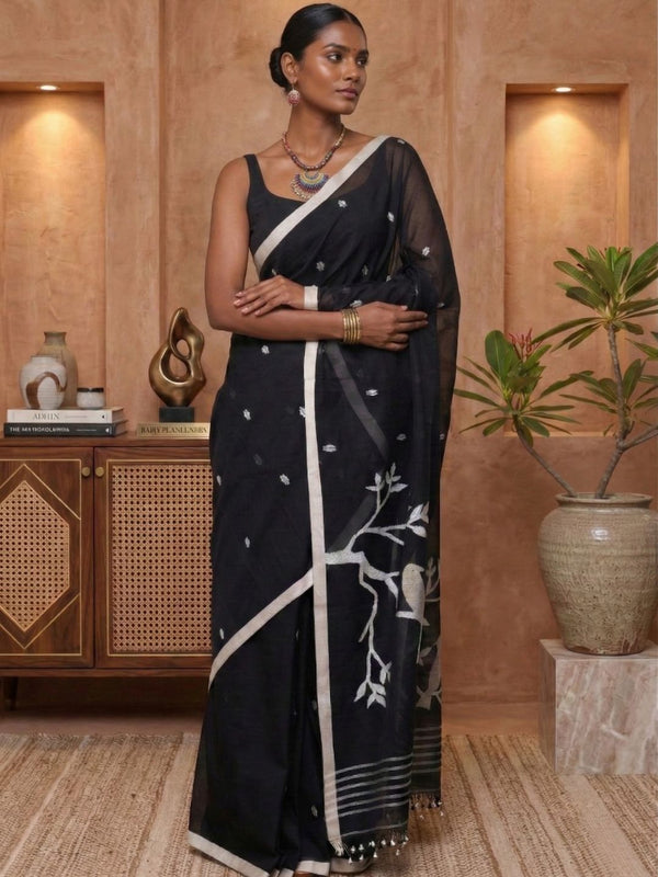 Indiehaat | Pure Mul Cotton Handloom Saree Black
