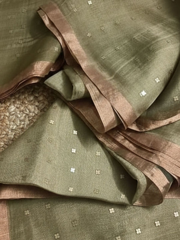 Indiehaat | Muslin Silk Jamdani Sequin Saree Green
