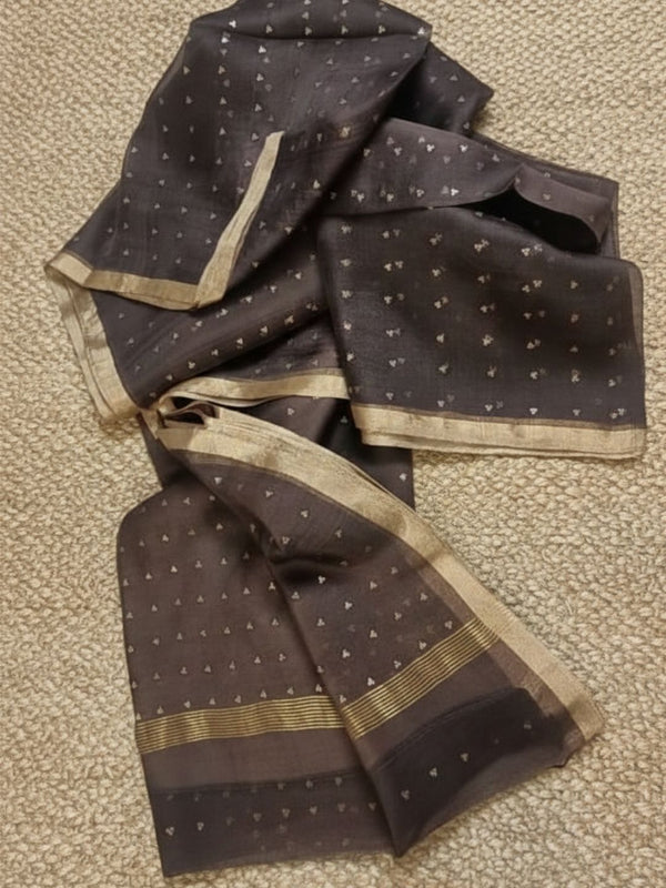 Indiehaat | Muslin Silk Jamdani Sequin Saree Brown