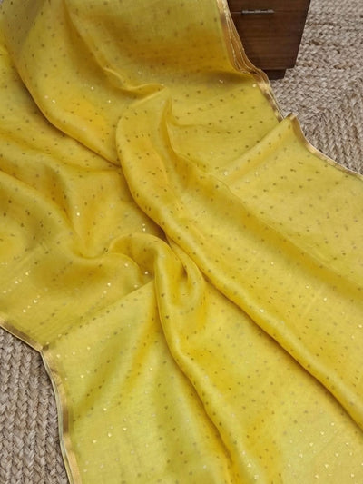 Indiehaat | Muslin Silk Jamdani Sequin Saree Yellow
